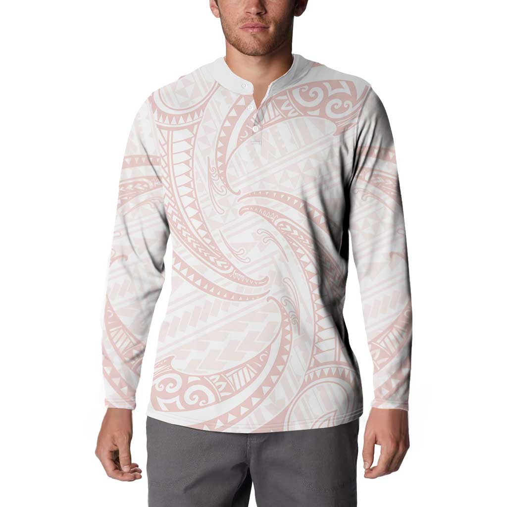 White Sunday Lotu Tamaiti Button Sweatshirt Polynesian Wave Pastel Blush - Polynesian Pride