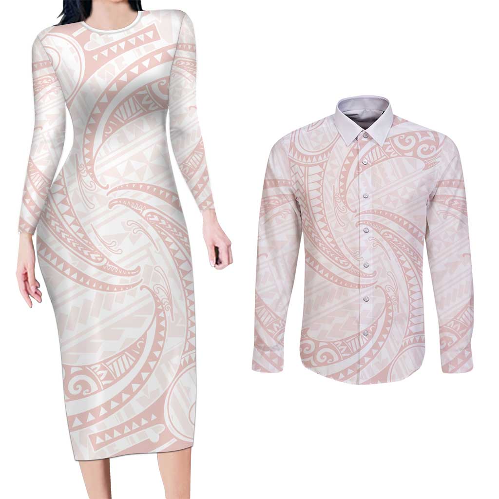 White Sunday Lotu Tamaiti Couples Matching Long Sleeve Bodycon Dress and Long Sleeve Button Shirt Polynesian Wave Pastel Blush - Polynesian Pride