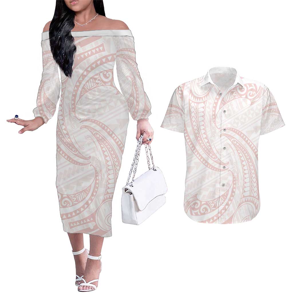 White Sunday Lotu Tamaiti Couples Matching Off The Shoulder Long Sleeve Dress and Hawaiian Shirt Polynesian Wave Pastel Blush - Polynesian Pride