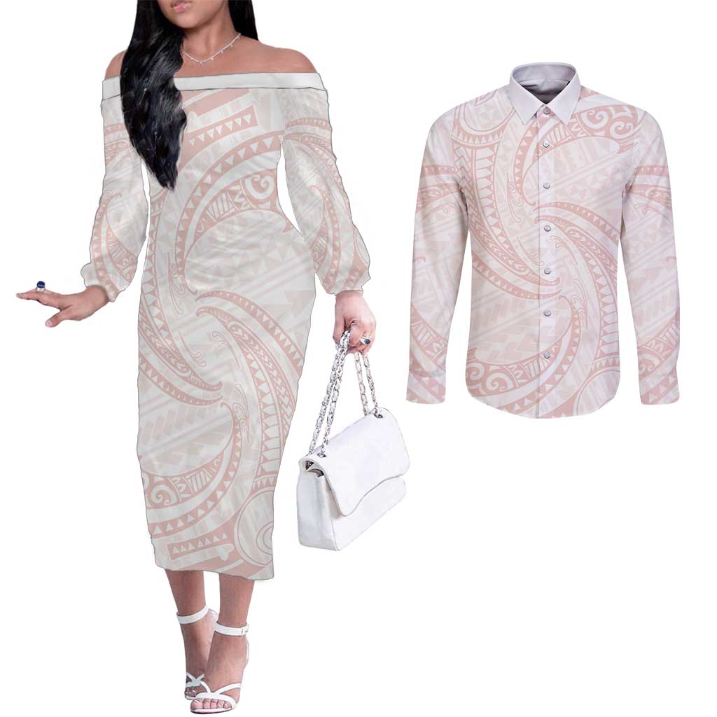White Sunday Lotu Tamaiti Couples Matching Off The Shoulder Long Sleeve Dress and Long Sleeve Button Shirt Polynesian Wave Pastel Blush - Polynesian Pride