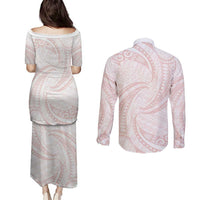 White Sunday Lotu Tamaiti Couples Matching Puletasi and Long Sleeve Button Shirt Polynesian Wave Pastel Blush - Polynesian Pride