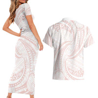 White Sunday Lotu Tamaiti Couples Matching Short Sleeve Bodycon Dress and Hawaiian Shirt Polynesian Wave Pastel Blush - Polynesian Pride
