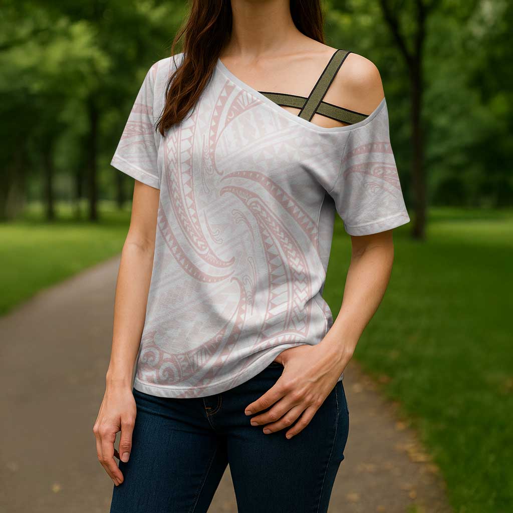 White Sunday Lotu Tamaiti Cross Shoulder Shirt Polynesian Wave Pastel Blush - Polynesian Pride