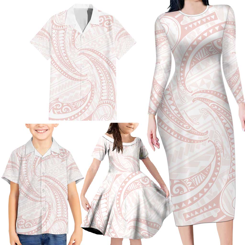 White Sunday Lotu Tamaiti Family Matching Long Sleeve Bodycon Dress and Hawaiian Shirt Polynesian Wave Pastel Blush - Polynesian Pride