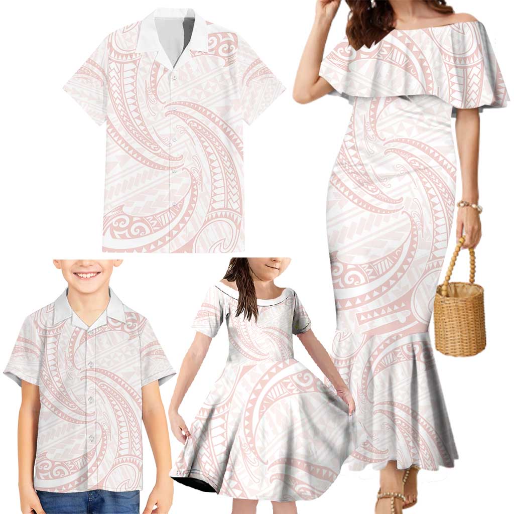 White Sunday Lotu Tamaiti Family Matching Mermaid Dress and Hawaiian Shirt Polynesian Wave Pastel Blush - Polynesian Pride
