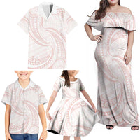 White Sunday Lotu Tamaiti Family Matching Off Shoulder Maxi Dress and Hawaiian Shirt Polynesian Wave Pastel Blush - Polynesian Pride
