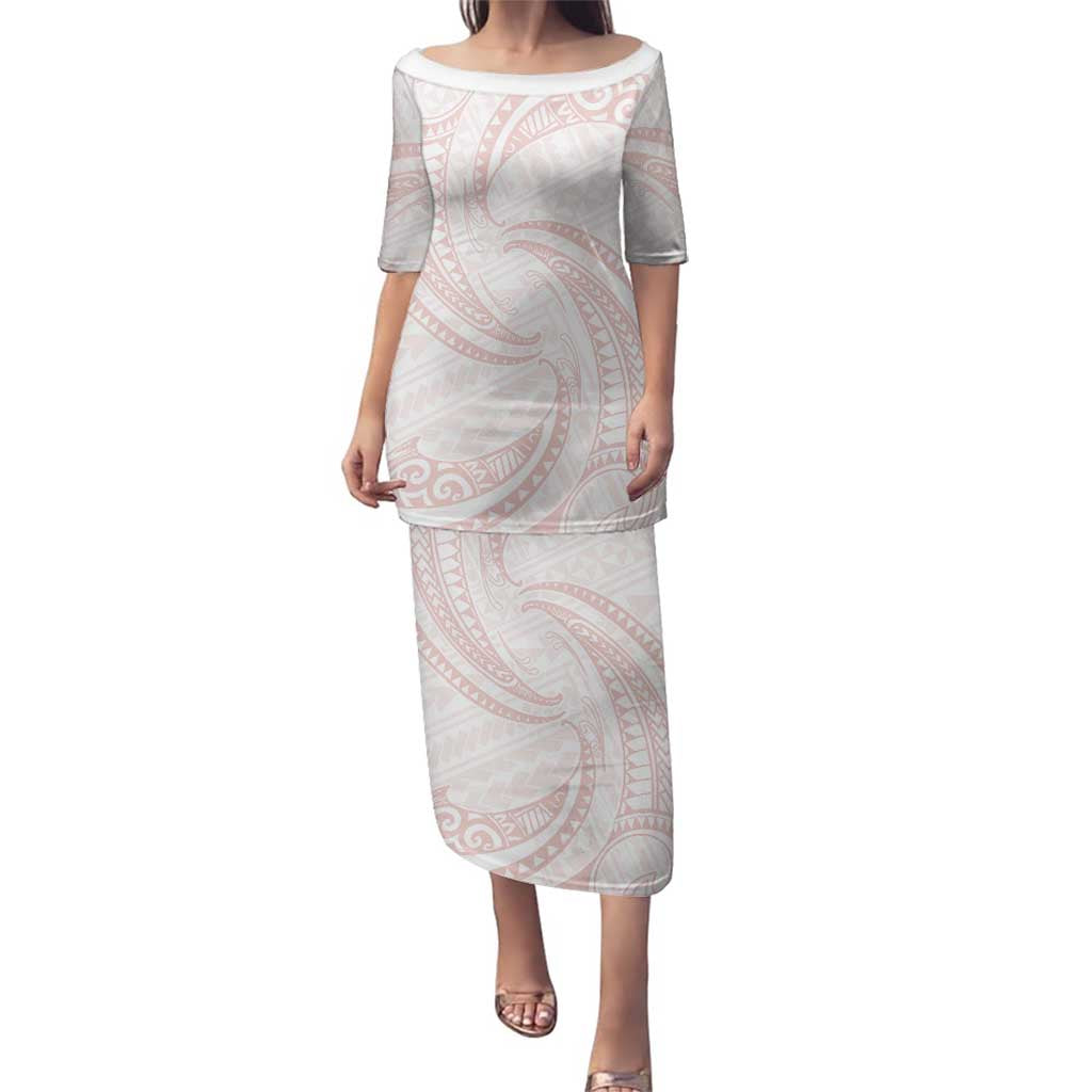 White Sunday Lotu Tamaiti Family Matching Puletasi and Hawaiian Shirt Polynesian Wave Pastel Blush - Polynesian Pride