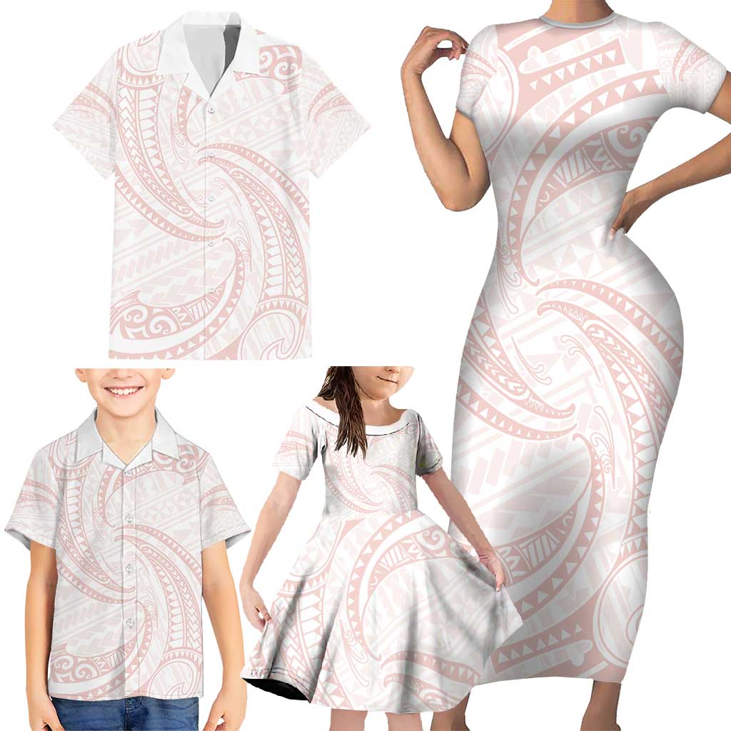 White Sunday Lotu Tamaiti Family Matching Short Sleeve Bodycon Dress and Hawaiian Shirt Polynesian Wave Pastel Blush - Polynesian Pride