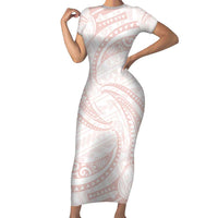 White Sunday Lotu Tamaiti Family Matching Short Sleeve Bodycon Dress and Hawaiian Shirt Polynesian Wave Pastel Blush - Polynesian Pride