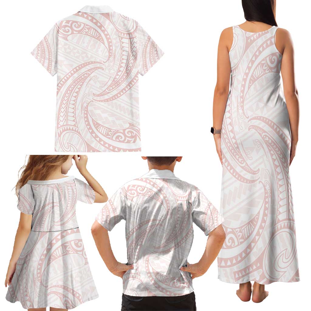 White Sunday Lotu Tamaiti Family Matching Tank Maxi Dress and Hawaiian Shirt Polynesian Wave Pastel Blush - Polynesian Pride