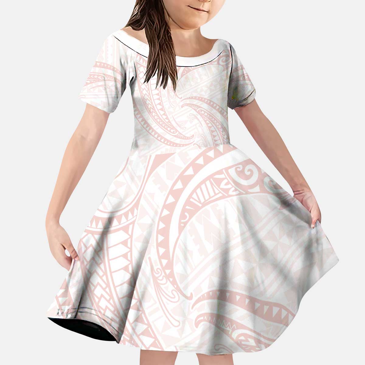White Sunday Lotu Tamaiti Kid Short Sleeve Dress Polynesian Wave Pastel Blush - Polynesian Pride