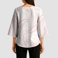 White Sunday Lotu Tamaiti Kimono Sleeve Blouse Polynesian Wave Pastel Blush - Polynesian Pride