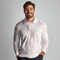 White Sunday Lotu Tamaiti Long Sleeve Polo Shirt Polynesian Wave Pastel Blush - Polynesian Pride