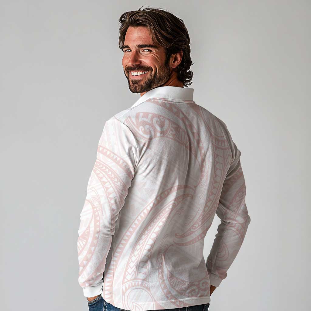 White Sunday Lotu Tamaiti Long Sleeve Polo Shirt Polynesian Wave Pastel Blush - Polynesian Pride