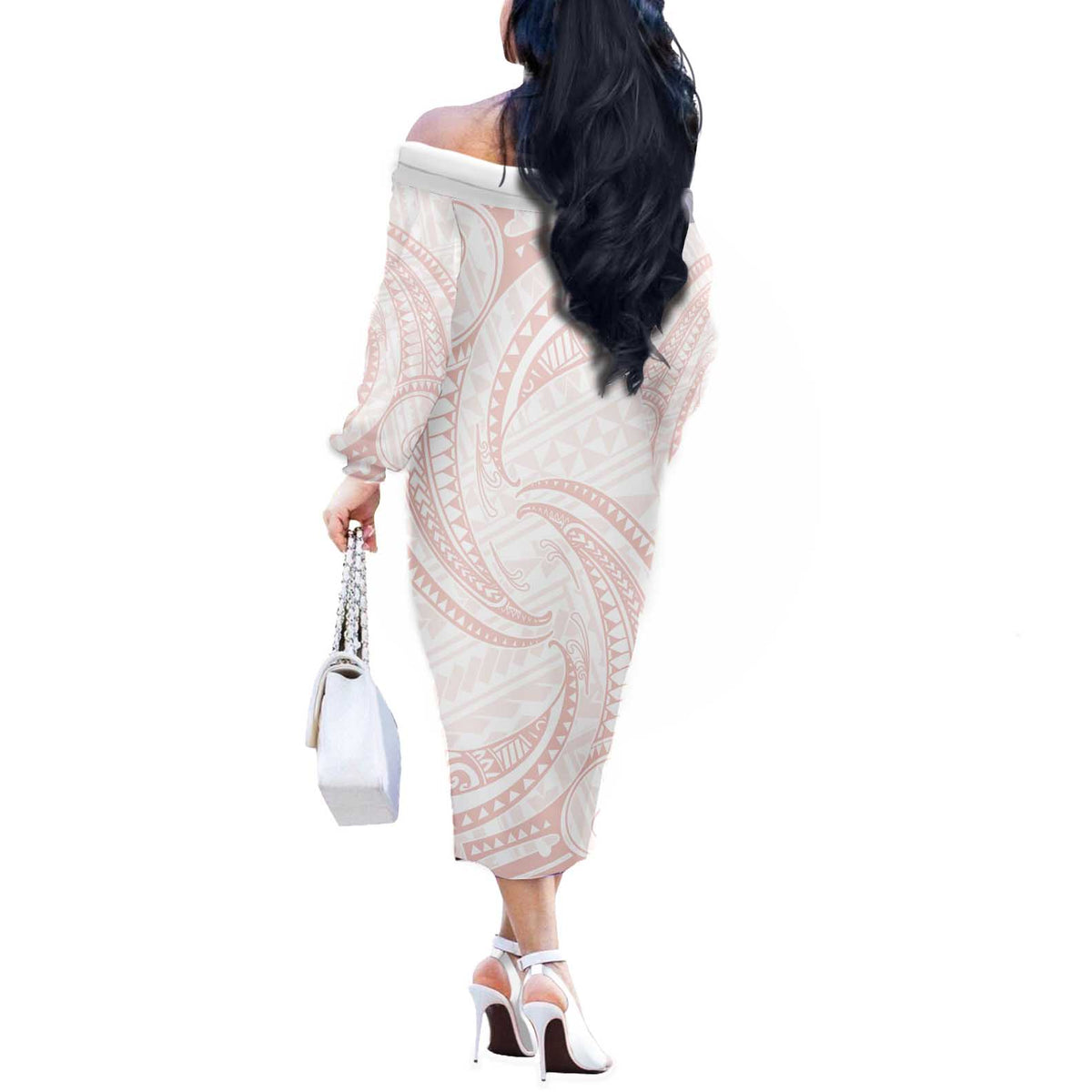 White Sunday Lotu Tamaiti Off The Shoulder Long Sleeve Dress Polynesian Wave Pastel Blush - Polynesian Pride