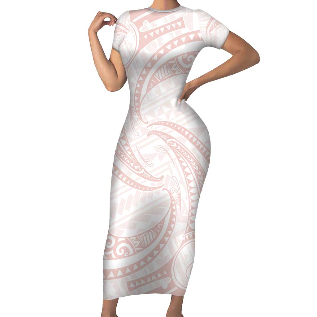 White Sunday Lotu Tamaiti Short Sleeve Bodycon Dress Polynesian Wave Pastel Blush - Polynesian Pride