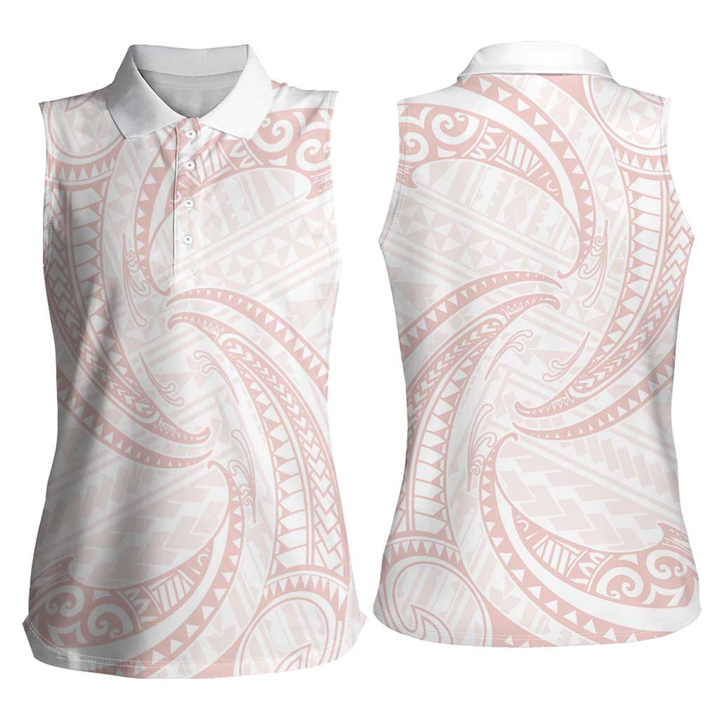 White Sunday Lotu Tamaiti Women Sleeveless Polo Shirt Polynesian Wave Pastel Blush - Polynesian Pride