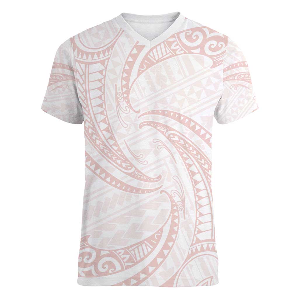 White Sunday Lotu Tamaiti Women V-Neck T-Shirt Polynesian Wave Pastel Blush LT9 Female Blush - Polynesian Pride