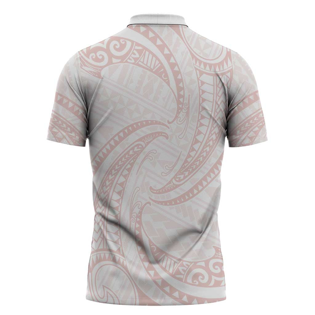 White Sunday Lotu Tamaiti Zipper Polo Shirt Polynesian Wave Pastel Blush - Polynesian Pride
