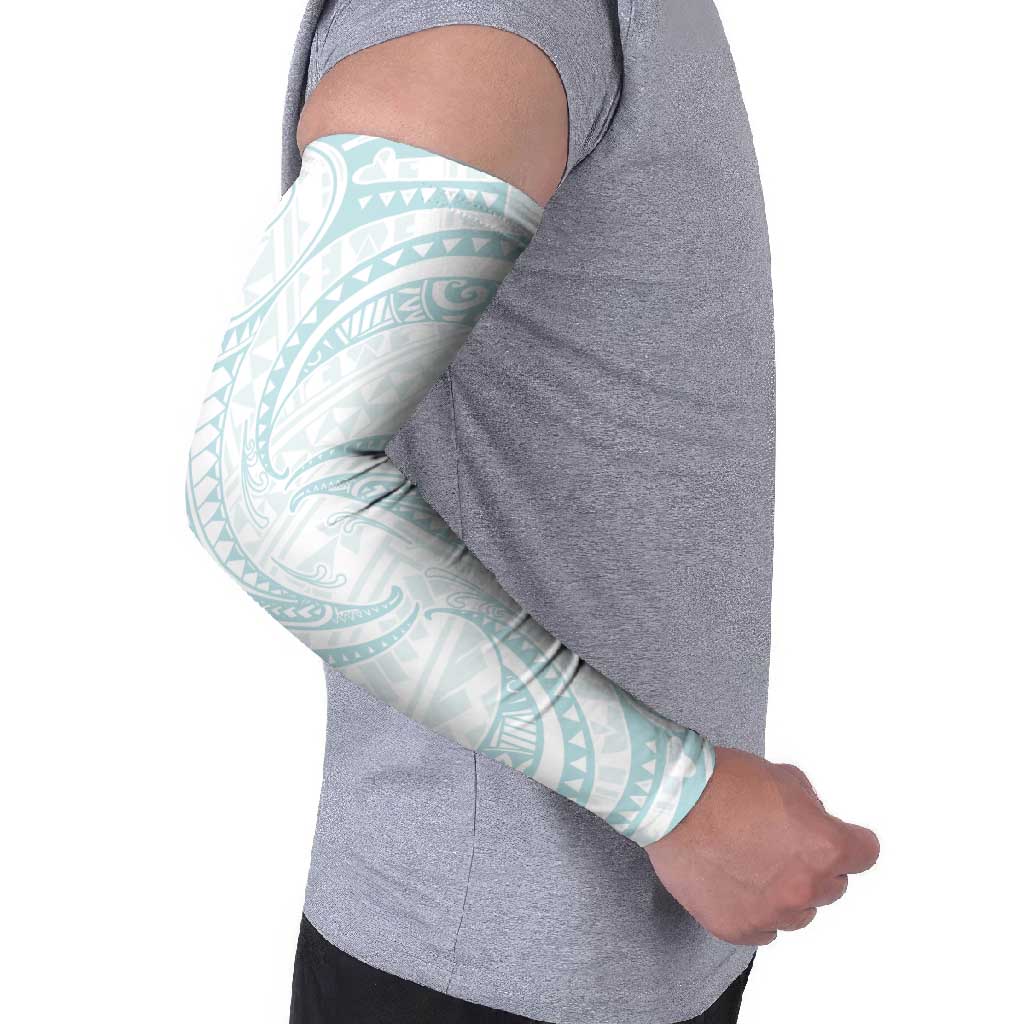 White Sunday Lotu Tamaiti Arm Sleeves Polynesian Wave Pastel Cyan - Polynesian Pride