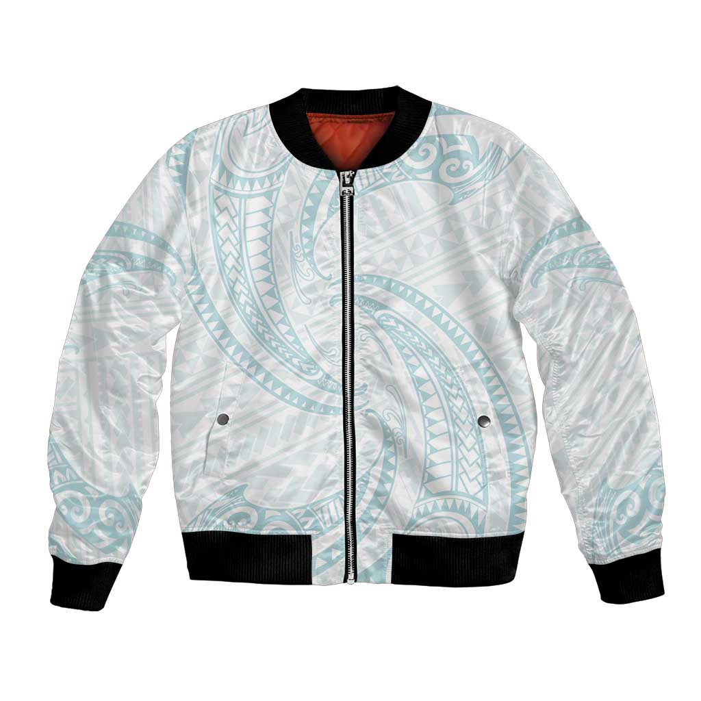 White Sunday Lotu Tamaiti Bomber Jacket Polynesian Wave Pastel Cyan - Polynesian Pride