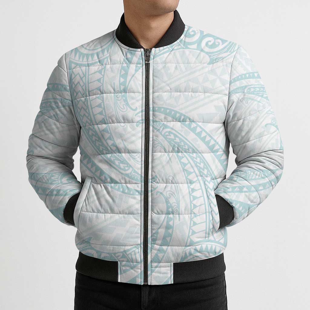 White Sunday Lotu Tamaiti Bomber Puffer Jacket Polynesian Wave Pastel Cyan - Polynesian Pride