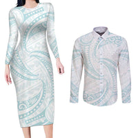 White Sunday Lotu Tamaiti Couples Matching Long Sleeve Bodycon Dress and Long Sleeve Button Shirt Polynesian Wave Pastel Cyan - Polynesian Pride