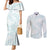 White Sunday Lotu Tamaiti Couples Matching Mermaid Dress and Long Sleeve Button Shirt Polynesian Wave Pastel Cyan - Polynesian Pride