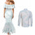 White Sunday Lotu Tamaiti Couples Matching Mermaid Dress and Long Sleeve Button Shirt Polynesian Wave Pastel Cyan - Polynesian Pride