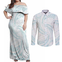 White Sunday Lotu Tamaiti Couples Matching Off Shoulder Maxi Dress and Long Sleeve Button Shirt Polynesian Wave Pastel Cyan - Polynesian Pride