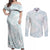 White Sunday Lotu Tamaiti Couples Matching Off Shoulder Maxi Dress and Long Sleeve Button Shirt Polynesian Wave Pastel Cyan - Polynesian Pride