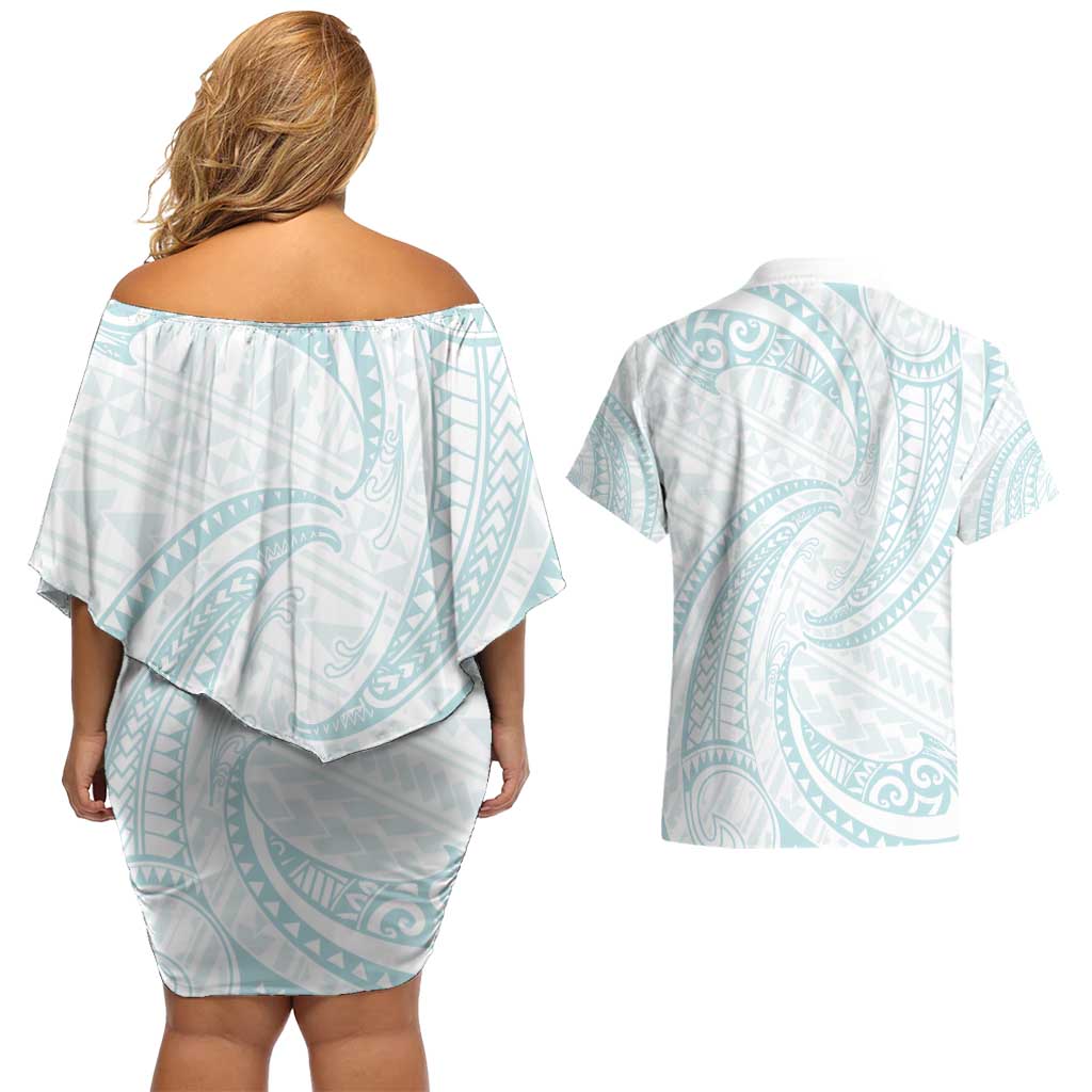 White Sunday Lotu Tamaiti Couples Matching Off Shoulder Short Dress and Hawaiian Shirt Polynesian Wave Pastel Cyan - Polynesian Pride