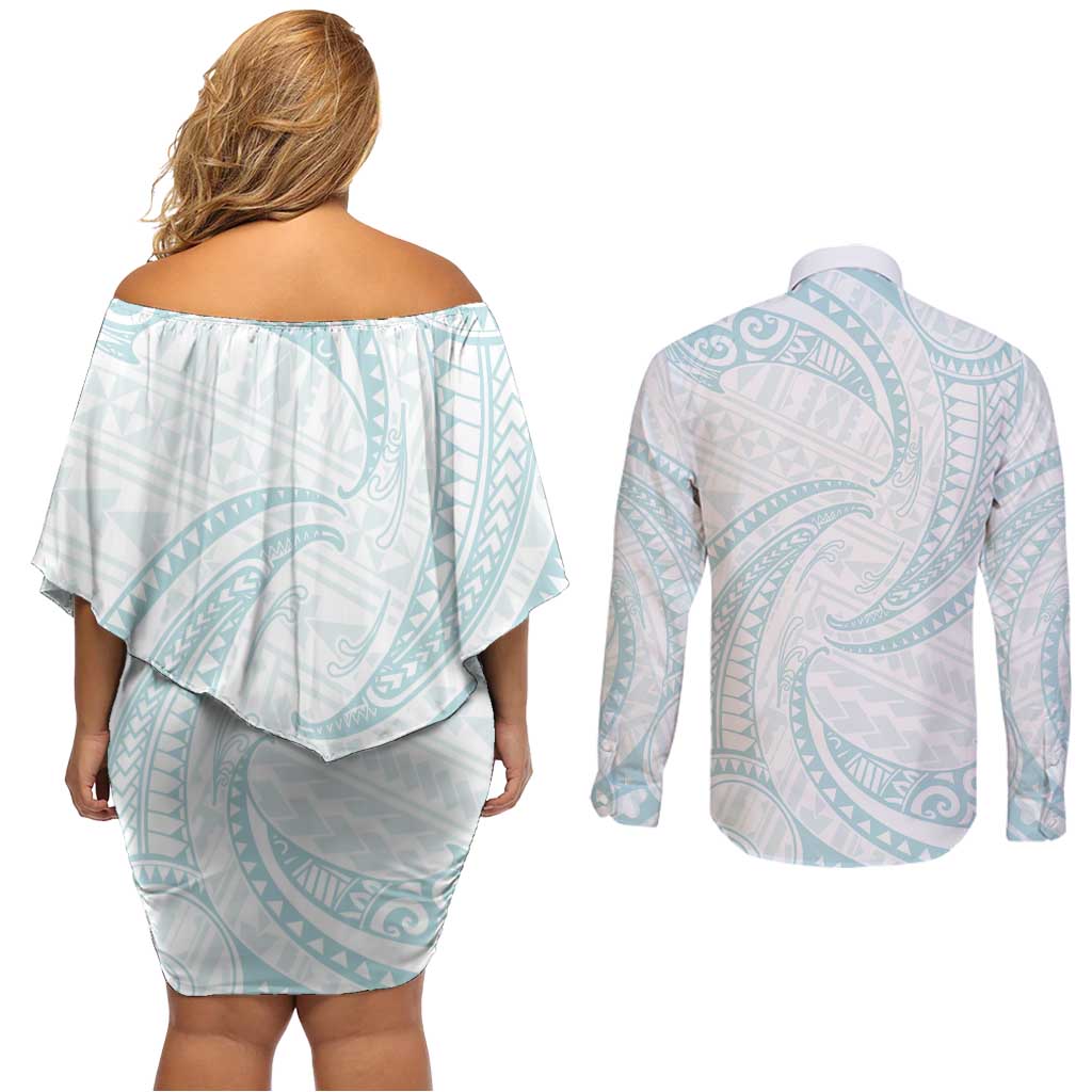 White Sunday Lotu Tamaiti Couples Matching Off Shoulder Short Dress and Long Sleeve Button Shirt Polynesian Wave Pastel Cyan - Polynesian Pride