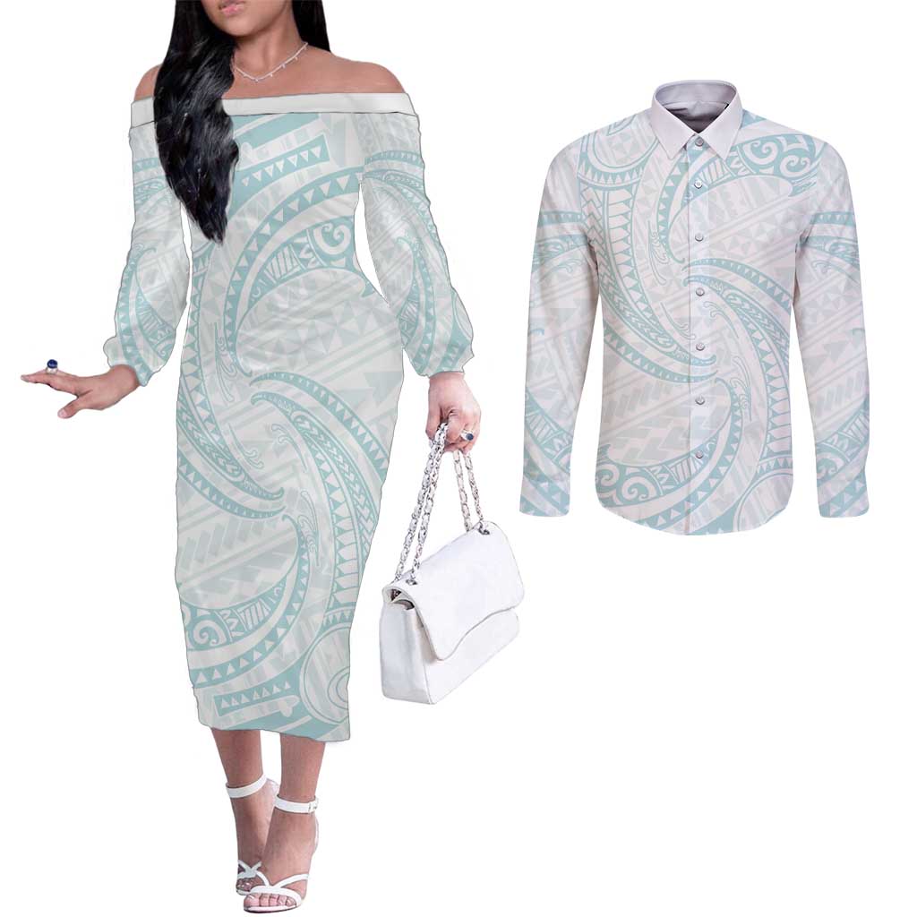 White Sunday Lotu Tamaiti Couples Matching Off The Shoulder Long Sleeve Dress and Long Sleeve Button Shirt Polynesian Wave Pastel Cyan - Polynesian Pride
