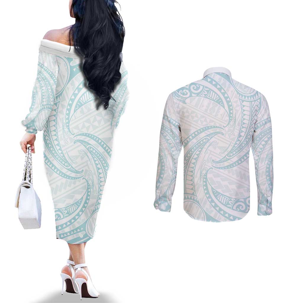 White Sunday Lotu Tamaiti Couples Matching Off The Shoulder Long Sleeve Dress and Long Sleeve Button Shirt Polynesian Wave Pastel Cyan - Polynesian Pride
