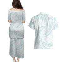 White Sunday Lotu Tamaiti Couples Matching Puletasi and Hawaiian Shirt Polynesian Wave Pastel Cyan - Polynesian Pride
