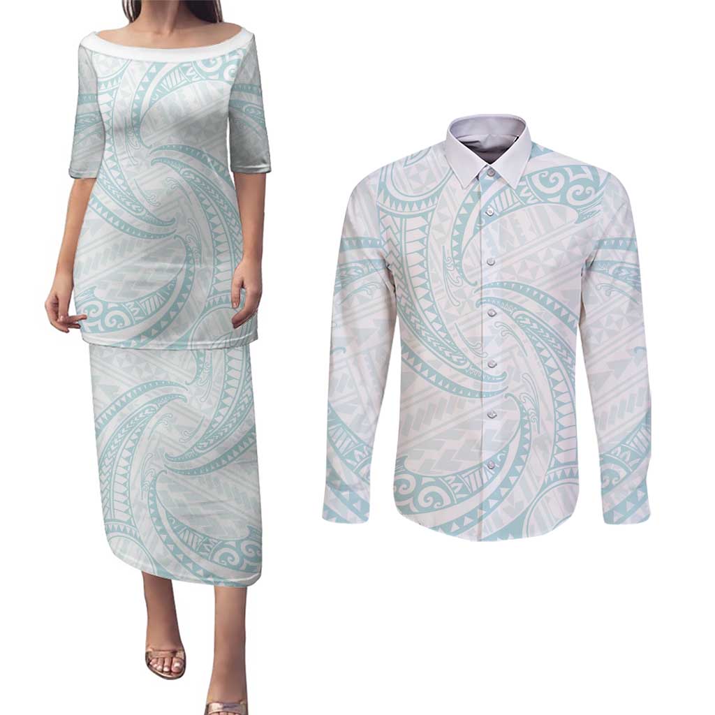 White Sunday Lotu Tamaiti Couples Matching Puletasi and Long Sleeve Button Shirt Polynesian Wave Pastel Cyan - Polynesian Pride