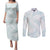 White Sunday Lotu Tamaiti Couples Matching Puletasi and Long Sleeve Button Shirt Polynesian Wave Pastel Cyan - Polynesian Pride
