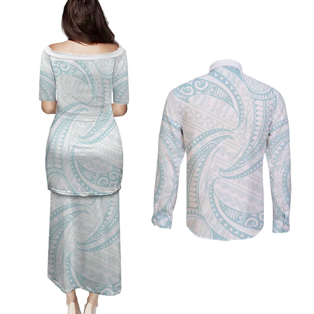 White Sunday Lotu Tamaiti Couples Matching Puletasi and Long Sleeve Button Shirt Polynesian Wave Pastel Cyan - Polynesian Pride