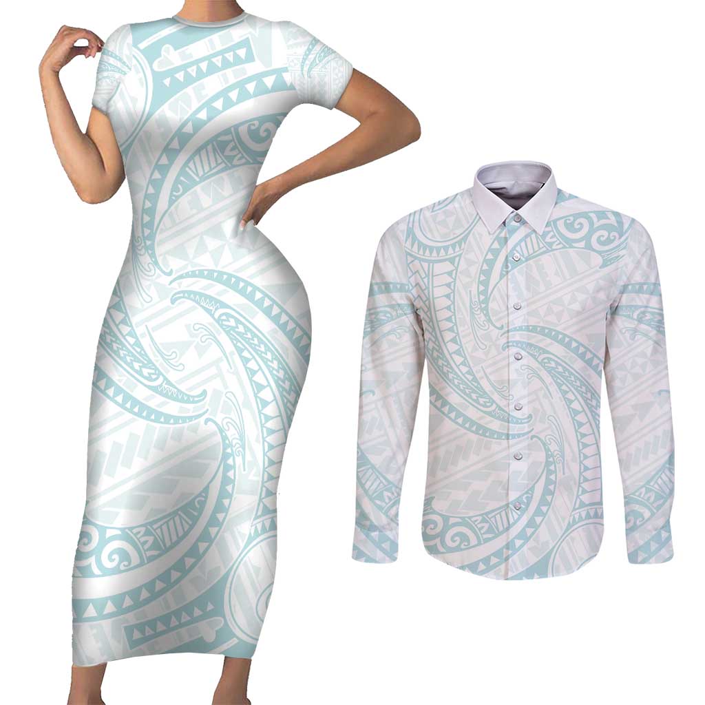 White Sunday Lotu Tamaiti Couples Matching Short Sleeve Bodycon Dress and Long Sleeve Button Shirt Polynesian Wave Pastel Cyan - Polynesian Pride