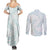 White Sunday Lotu Tamaiti Couples Matching Summer Maxi Dress and Long Sleeve Button Shirt Polynesian Wave Pastel Cyan - Polynesian Pride