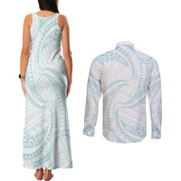 White Sunday Lotu Tamaiti Couples Matching Tank Maxi Dress and Long Sleeve Button Shirt Polynesian Wave Pastel Cyan - Polynesian Pride