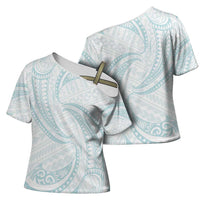 White Sunday Lotu Tamaiti Cross Shoulder Shirt Polynesian Wave Pastel Cyan - Polynesian Pride