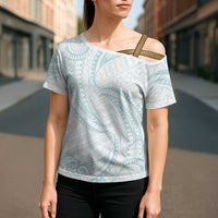 White Sunday Lotu Tamaiti Cross Shoulder Shirt Polynesian Wave Pastel Cyan - Polynesian Pride