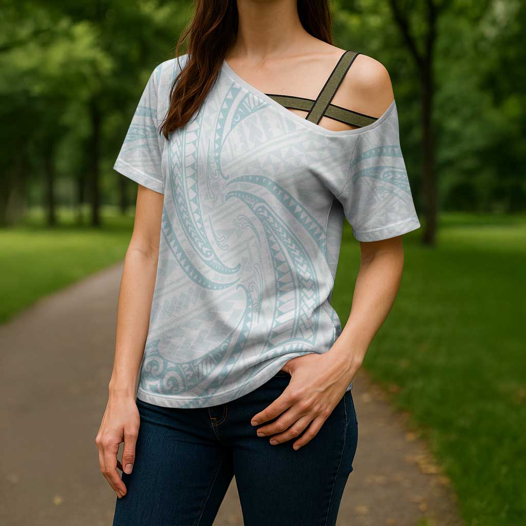 White Sunday Lotu Tamaiti Cross Shoulder Shirt Polynesian Wave Pastel Cyan - Polynesian Pride