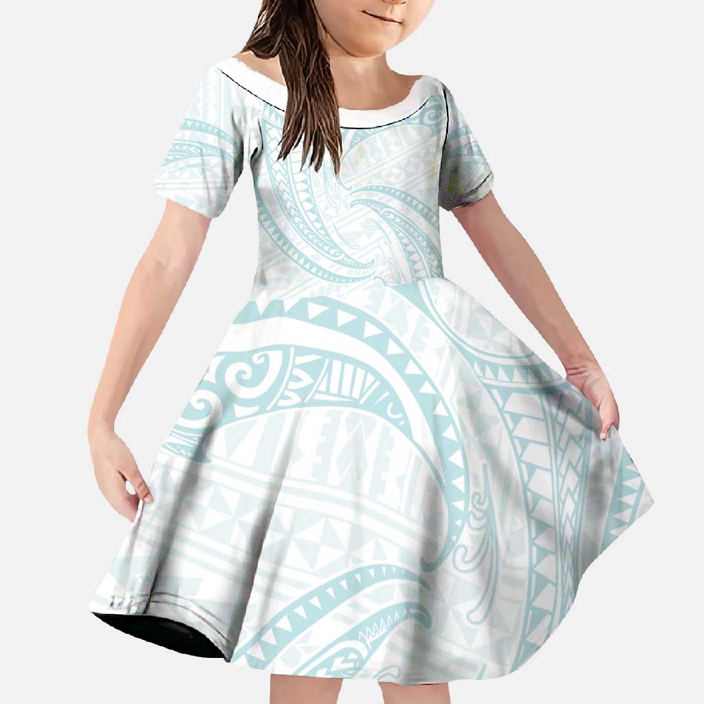 White Sunday Lotu Tamaiti Family Matching Long Sleeve Bodycon Dress and Hawaiian Shirt Polynesian Wave Pastel Cyan - Polynesian Pride