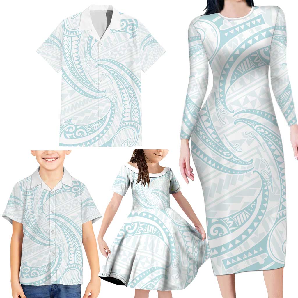 White Sunday Lotu Tamaiti Family Matching Long Sleeve Bodycon Dress and Hawaiian Shirt Polynesian Wave Pastel Cyan - Polynesian Pride