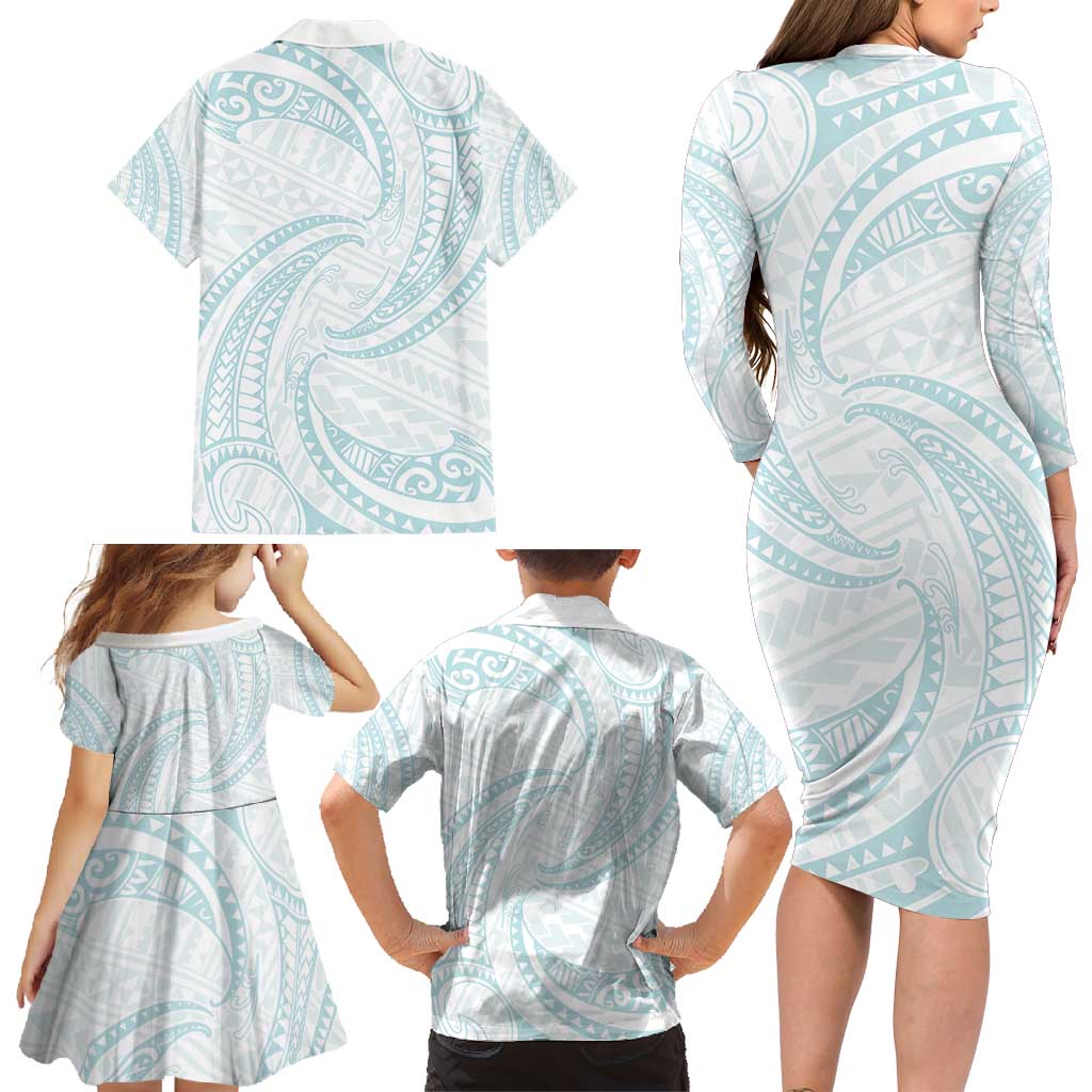 White Sunday Lotu Tamaiti Family Matching Long Sleeve Bodycon Dress and Hawaiian Shirt Polynesian Wave Pastel Cyan - Polynesian Pride