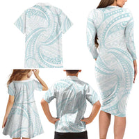 White Sunday Lotu Tamaiti Family Matching Long Sleeve Bodycon Dress and Hawaiian Shirt Polynesian Wave Pastel Cyan - Polynesian Pride