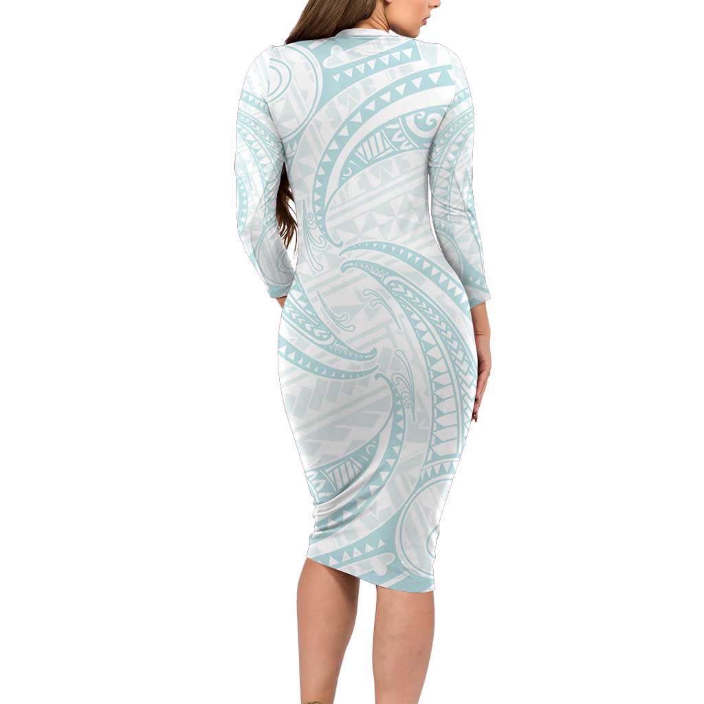 White Sunday Lotu Tamaiti Family Matching Long Sleeve Bodycon Dress and Hawaiian Shirt Polynesian Wave Pastel Cyan - Polynesian Pride